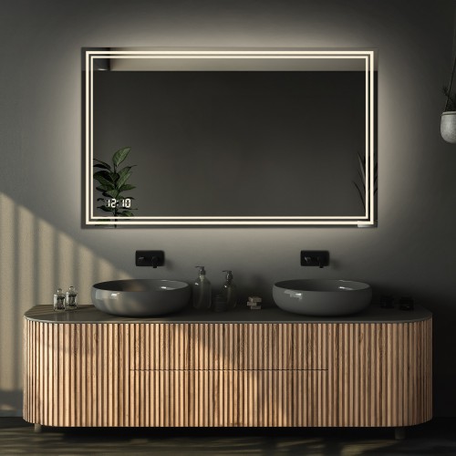 Téglalap alakú fürdőszobatükör digitális órával - MIA LED PREMIUM