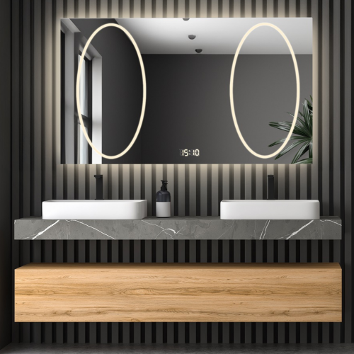 Négyszögletes fürdőszobatükör digitális órával - MELISA II LED PREMIUM