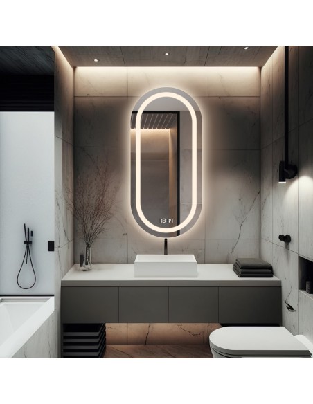 Ovális fürdőszobai tükör digitális órával - HOLI LED PREMIUM