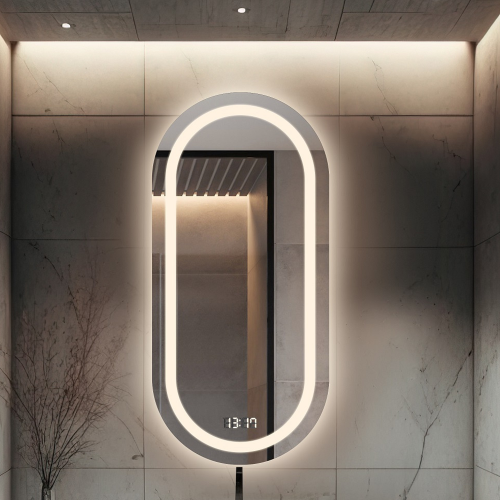 Ovális fürdőszobai tükör digitális órával - HOLI LED PREMIUM