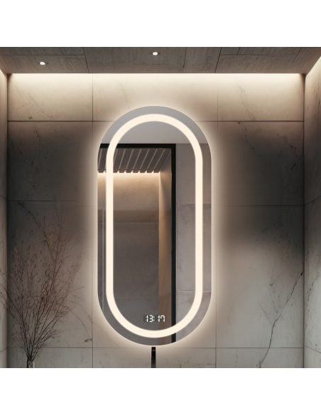 Ovális fürdőszobai tükör digitális órával - HOLI LED PREMIUM