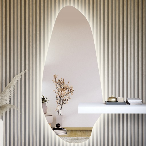 Szabálytalan alakú tükör szekrénykivágással és megvilágítással - JASPIS LED 2