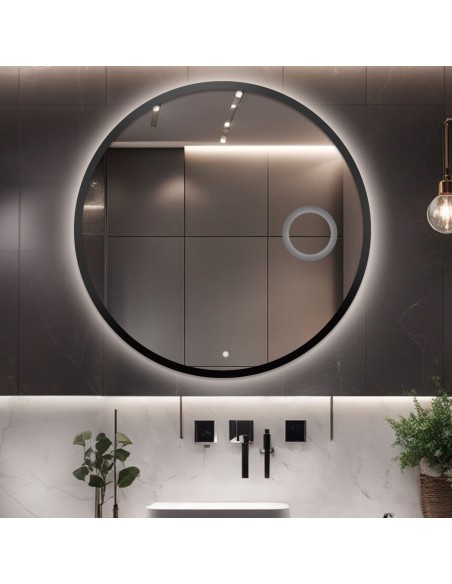 Keretes fürdőszobai kerek tükör keretben, zoom tükörrel és kapcsolóval - OTTO LED PREMIUM