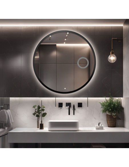 Keretes fürdőszobai kerek tükör keretben, zoom tükörrel és kapcsolóval - OTTO LED PREMIUM