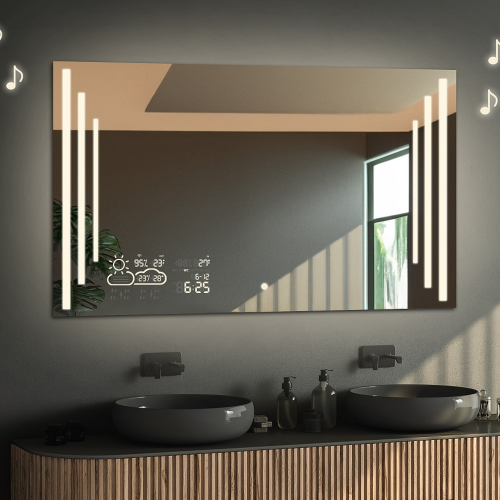 Négyszögletes fürdőszobatükör időjárás-állomással, bluetooth hangszóróval és kapcsolóval - ALIS LED PREMIUM 2