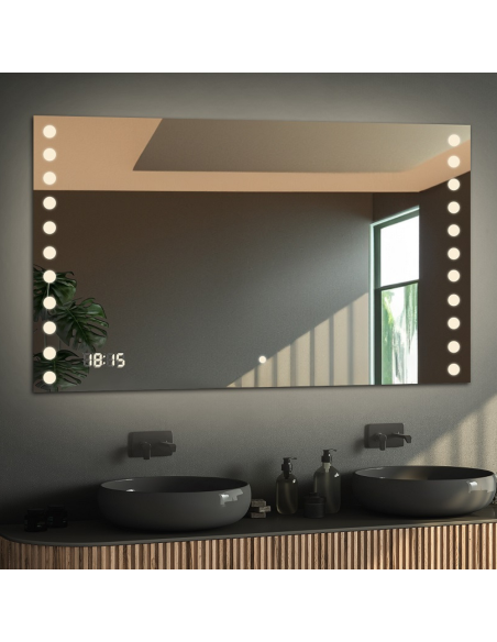 Négyszögletes fürdőszobatükör digitális órával és kapcsolóval - OLIWIA LED PREMIUM