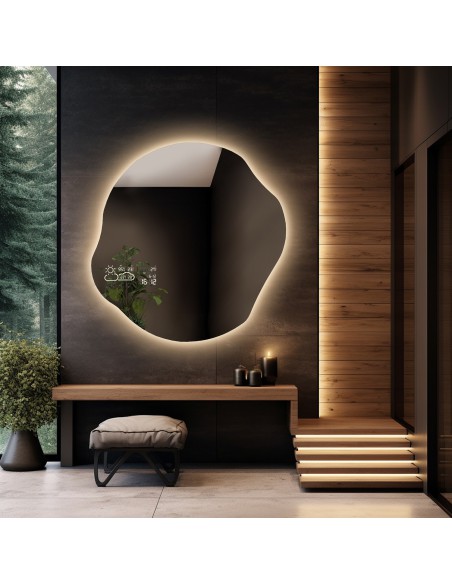 Szabálytalan alakú fürdőszobatükör időjárásmérő állomással - CYRKON LED PREMIUM