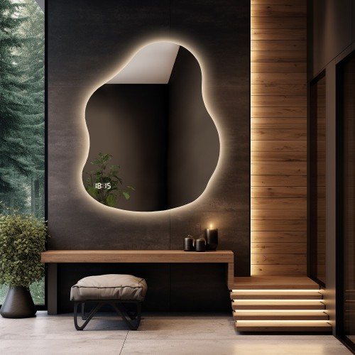 Szabálytalan alakú fürdőszobatükör digitális órával - STONE LED PREMIUM