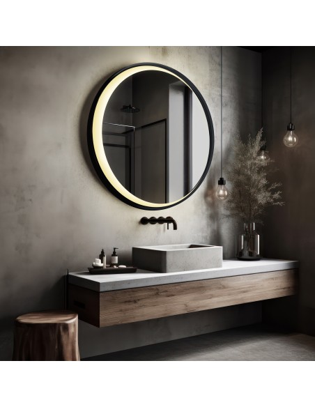Kerek tükör fekete MDF keretben homokfúvott LED holdal – MIDNIGHT LED