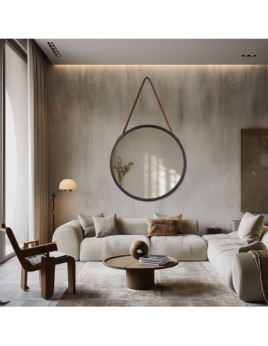 Kerek tükör fekete matt keretben, barna bőrszíjjal - OTTO PASEK BRONZE - keret színe az Ön választása szerint