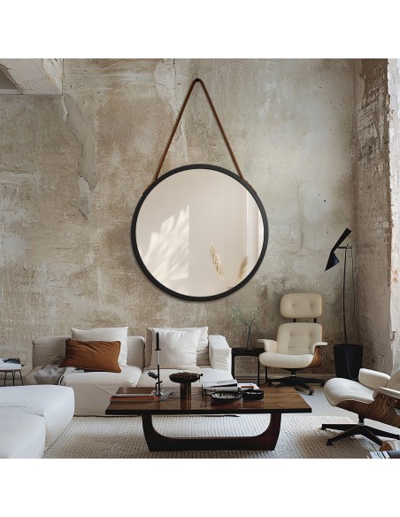 Kerek tükör fekete matt keretben, barna bőrszíjjal - OTTO PASEK BRONZE - keret színe az Ön választása szerint