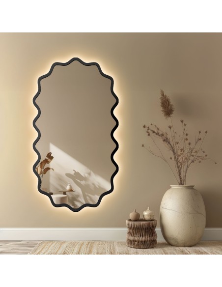 Ovális tükör hullámos MDF keretben, háttérvilágítással – AQUARELLE ELORA LED