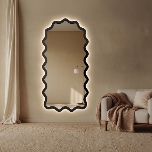 Félkör alakú tükör hullámos MDF keretben, háttérvilágítással – AQUARELLE SONA LED