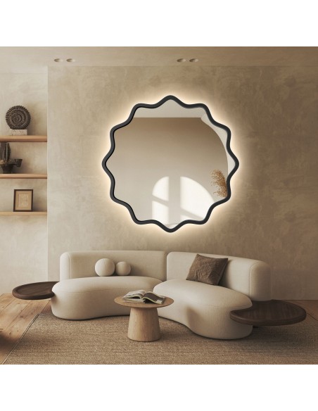 Kerek tükör hullámos MDF keretben, háttérvilágítással – AQUARELLE NAYA LED