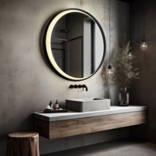 Kerek tükör fekete MDF keretben homokfúvott LED holdal - MIDNIGHT LED