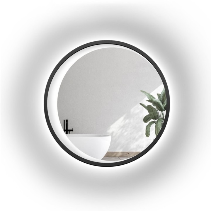 Kerek tükör fekete MDF keretben homokfúvott LED holdal - MIDNIGHT LED