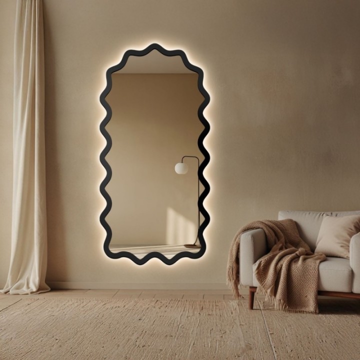 Félovális tükör hullámos MDF keretben, háttérvilágítással - AQUARELLE SONA LED