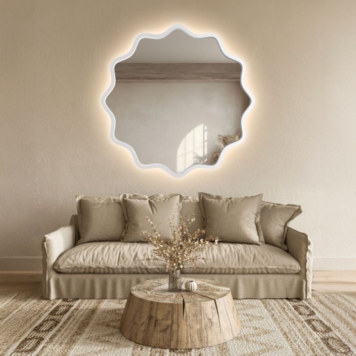 Kerek tükör hullámos MDF keretben, háttérvilágítással - AQUARELLE NAYA LED