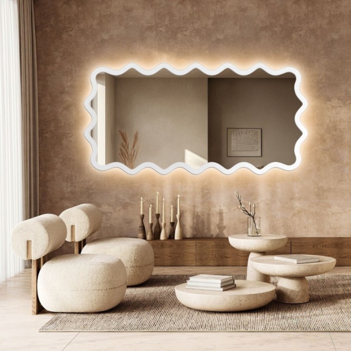 Téglalap alakú tükör hullámos MDF keretben, háttérvilágítással - AQUARELLE MARELLA LED