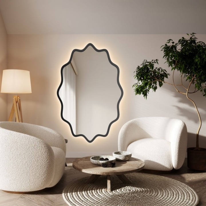 Hullámos MDF keretű, háttérvilágításos elliptikus tükör - AQUARELLE ELVA LED