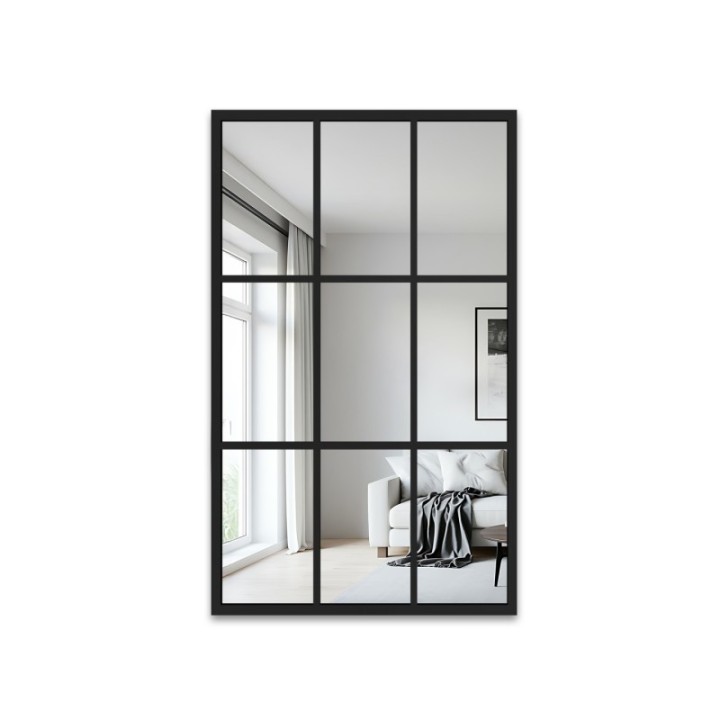 Loft stílusú tükör rácsos elemekkel, fekete MDF keretben - HANA