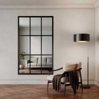 Loft stílusú tükör rácsos elemekkel, fekete MDF keretben - HANA