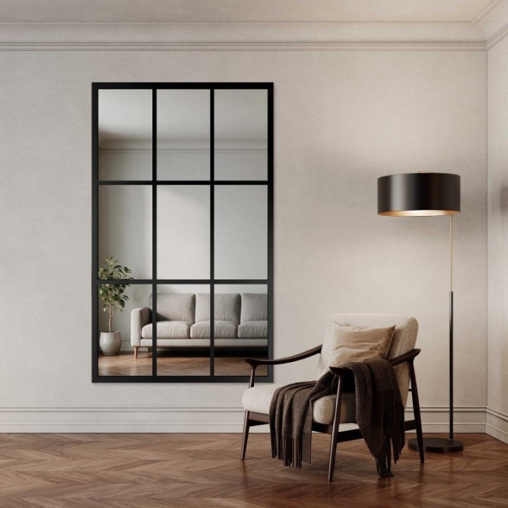 Loft stílusú tükör rácsos elemekkel, fekete MDF keretben - HANA