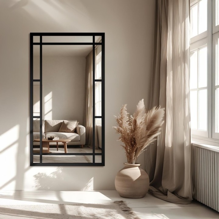 Loft stílusú tükör rácsos elemekkel, fekete MDF keretben - SET