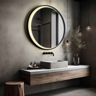 Kerek tükör fekete MDF keretben, homokfúvott LED holddal - MIDNIGHT LED