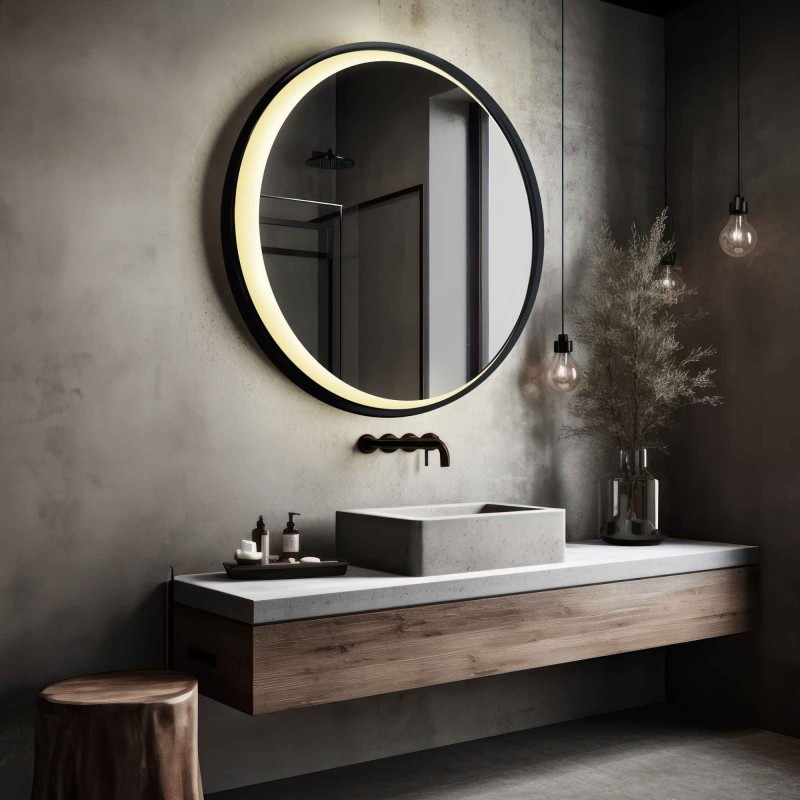 Kerek tükör fekete MDF keretben, homokfúvott LED holddal - MIDNIGHT LED