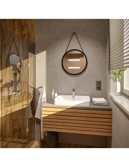 Kerek tükör fekete matt keretben, barna bőrszíjjal - OTTO PASEK BRONZE - keret színe az Ön választása szerint