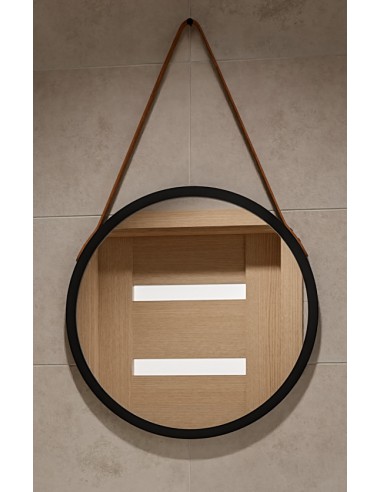 Kerek tükör fekete matt keretben, barna bőrszíjjal - OTTO PASEK BRONZE - keret színe az Ön választása szerint