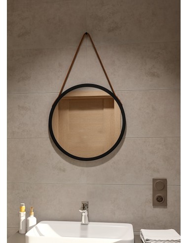 Kerek tükör fekete matt keretben, barna bőrszíjjal - OTTO PASEK BRONZE - keret színe az Ön választása szerint